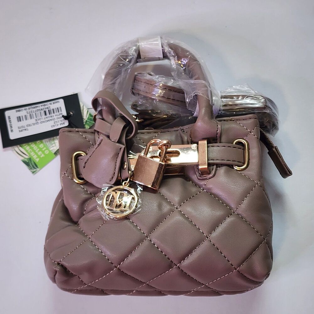 Badgley Mischka Crossbody Bag Taupe Vegan Leather Diamond Quilted Mini Tote